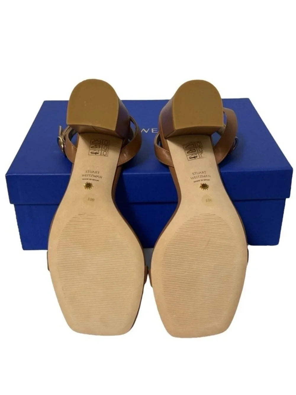 Stuart Weitzman Nearlybare Sandals-Sz 10-Tan Brown Block Heel Leather NEW IN BOX